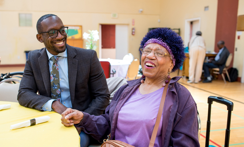 sharing at laugh at a nutrition class for seniors