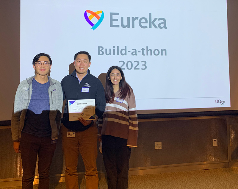 Minh Nguyen, William Chen, and Isha Sethi represent the winning team, Living with Meningioma, who won first prize at the 2023 UCSF Eureka Build-a-thon on October 27, 2023